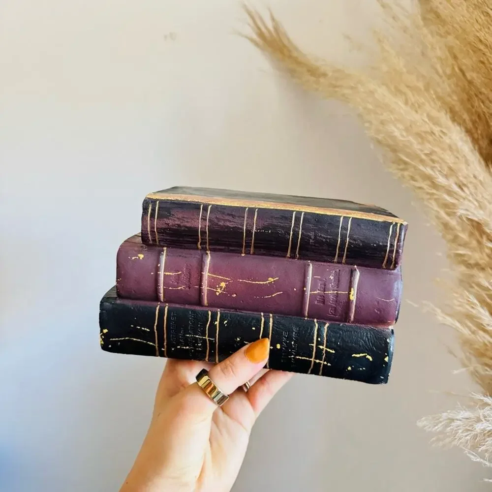 VINTAGE Black Red Burgundy Gold Painted Faux Book Bookends Rustic Shelf Decor